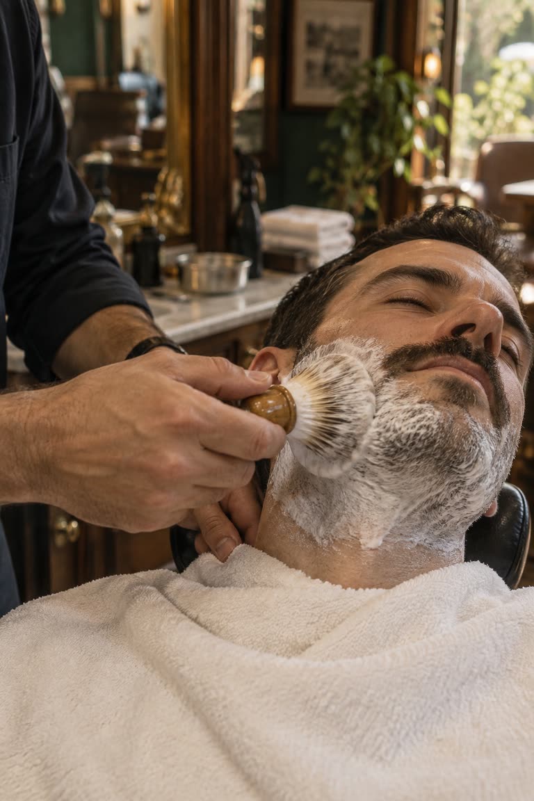 Πινέλο ξυρίσματος απλώνει αφρό σε γενειάδα πελάτη